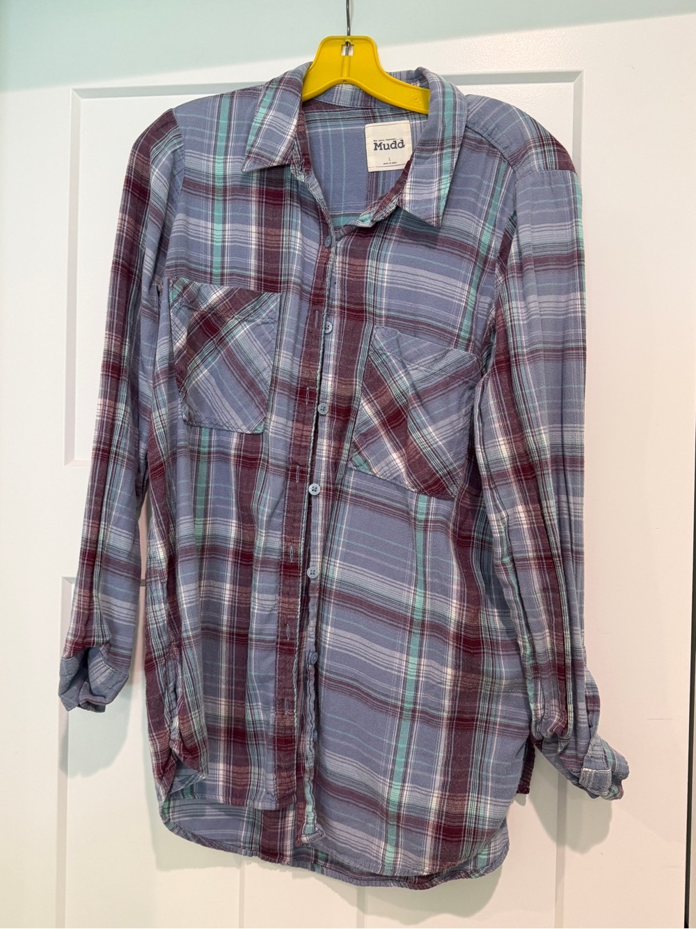 MUDD Plaid Button-Up Shirt in Lavender and Burgundy-Size L